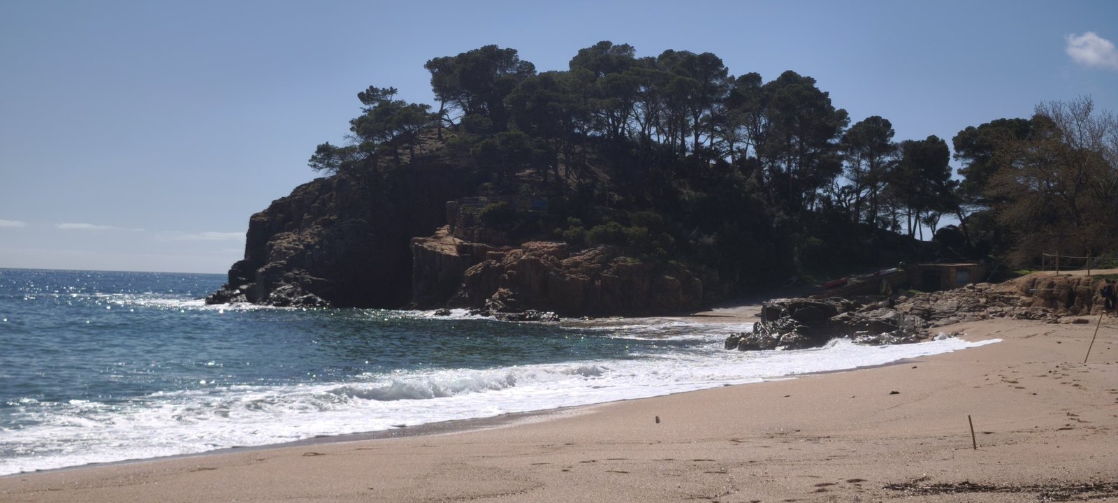 Empty Costa Brava beach in spring, pine-covered headland
