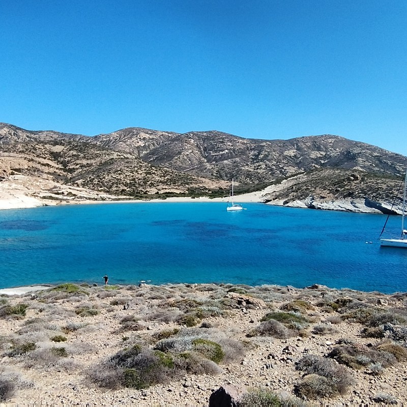 The empty white coastline of Polyaigos, the largest uninhabited island in the Aegean